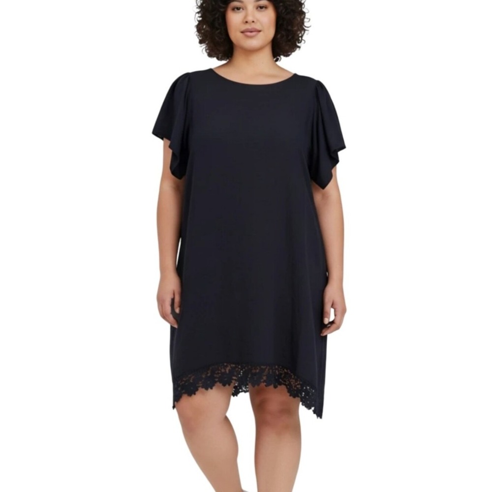 Bellambia Navy Blue Pure Linen Crochet Lace Hem Shift Dress Italy 2X Lagenlook